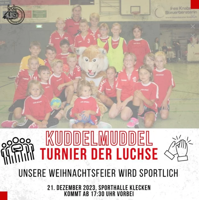 Unsere Weihnachtsfeier wird sportlich - wir spielen Handball, na klar. ❤️🎅🏼🎄

Was passiert? 
- Wir bilden bunt gemischte Mannschaften. (Minis bis Senioren)
Alle Luchse, die Lust haben, spielen mit. Auch die Eltern. 🤭
(Sportkleidung & Hallenschuhe nicht vergessen.)

Was noch? 
- Schnacken und Kennenlernen. Spaß haben.

Verpflegung? 
- Jeder steuert etwas zum Büffet bei. Kuchen, Salat, Pizza-
brötchen, Knabberkram, Wasser, Saft... worauf Ihr selber Lust habt. 🥒🍞🍇🥜

Bitte bringt Eure eigenen Teller, Becher und Bestecke mit. 🍽️

Auch wer nicht selber spielen möchte, ist natürlich herzlich willkommen. 🐾❤️🌟

Wir freuen uns auf euch!