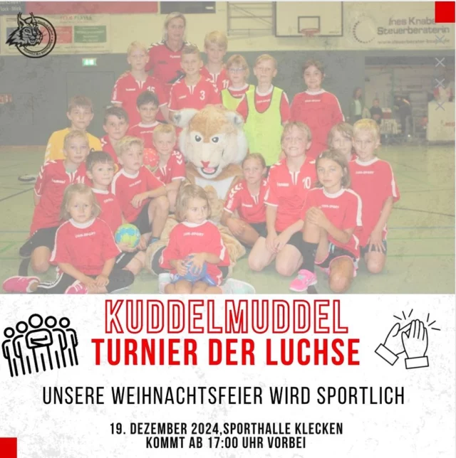 KUDDELMUDDEL TURNIER😍

Auch dieses Jahr starten wir unser legendäres Kuddelmuddel Turnier ab 17 Uhr in der Sporthalle Klecken ✨🥁❤️

Spiele in Mixmannschaften mit Spielern von Minis bis Erwachsene zusammen, lerne die Luchsefamilie besser kennen und lasse uns gemeinsam die Weihnachtszeit feiern 🥳 

Komm vorbei! ❤️🤫

#luchse #luchseliebe #handballluchse #kuddelmuddel #liebenwir #klecken #buchholz #gemeinsam #team #vorfreude